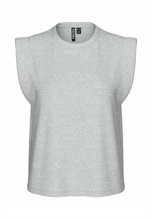 Hellgraues ärmelloses Top mit Rundhalsausschnitt, leicht gepolsterten Schultern und geradem Saum.