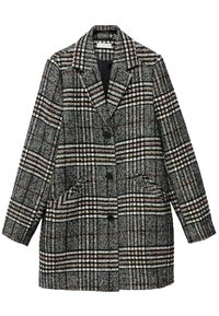 Cappotto a quadri nei toni del nero, bianco e marrone. Presenta una revers a punta, due tasche frontali e una chiusura con bottone. La trama lavorata aggiunge dettaglio.
