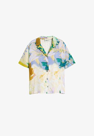 Camicia a maniche corte con bottoni e stampa floreale astratta in tonalità pastello di giallo, verde, blu e marrone su sfondo bianco.