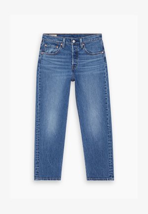 Blaue hoch taillierte Straight-Leg-Jeans mit Frontknopf, Reißverschluss und Fünf-Taschen-Design, flach auf einem weißen Hintergrund präsentiert.