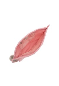 Borsa di stoffa rosa con una consistenza morbida, forma ovale e un accento in pom-pom grigio. Ampio interno con una fodera liscia e etichetta interna.