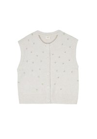 Cardigan sans manches en tricot gris clair avec col rond, fermeture à cinq boutons et broderies florales dispersées sur le devant. Texture douce.