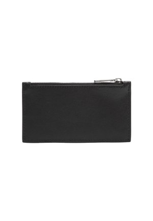 Portafoglio in pelle nera con texture liscia, forma rettangolare e chiusura con zip nella parte superiore. Design minimalista senza accenti aggiuntivi.