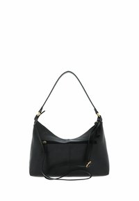 Sac à bandoulière en cuir noir à forme arrondie, avec une poche zippée à l'avant et des accents en métal doré. Sangle ajustable incluse.