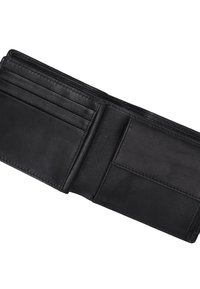 Black leather wallet with a bi-fold design, multiple card slots, a cash compartment, and a smooth texture. Features neat stitching.