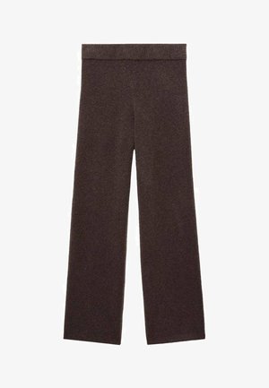 Pantaloni maro cu pantaloni largi dintr-un material moale, având o talie elastică și fără modele sau detalii proeminente.