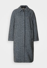 Herringbone raksts mētelis pelēkos un zilos toņos, aprīkots ar apkakli, garām piedurknēm un taisnu, vidēja garuma dizainu ar sānu kabatām.