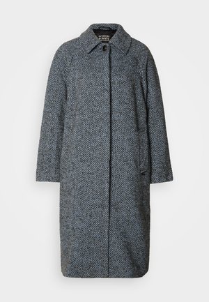 Kaput s ribastim uzorkom u sivoj i plavoj boji, s ovratnikom, dugim rukavima i ravnim, polu-dugim dizajnom s bočnim džepovima.