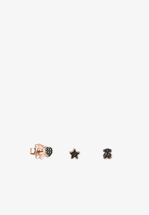 Set of three earrings featuring a heart, star, and bear shapes. Rose gold metal with black stone accents, smooth texture, and shiny finish.