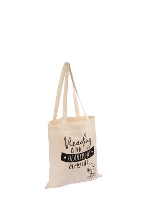 Beige Tragetasche mit dem Text "Reading is the heartbeat of my life" und einer kleinen Snoopy-Charakter-Illustration unten rechts.