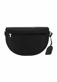 Borsa a mezzaluna nera realizzata in materiale sintetico testurizzato, dotata di una tasca con zip e include un'etichetta removibile.