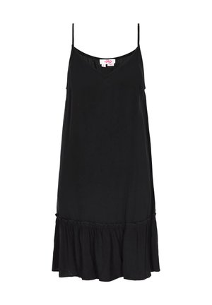 Juoda be rankovių suknelė su V formos iškirpte, pagaminta iš lygaus audinio, su raukiniais apatine dalimi ir reguliuojamomis plonomis petnešėlėmis. Viduje matoma dydžio etiketė.