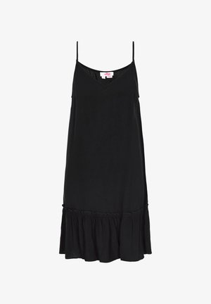 Robe noire sans manches avec un décolleté en V, en tissu lisse, présentant un ourlet à volants et des bretelles fines ajustables. Étiquette de taille visible à l'intérieur.
