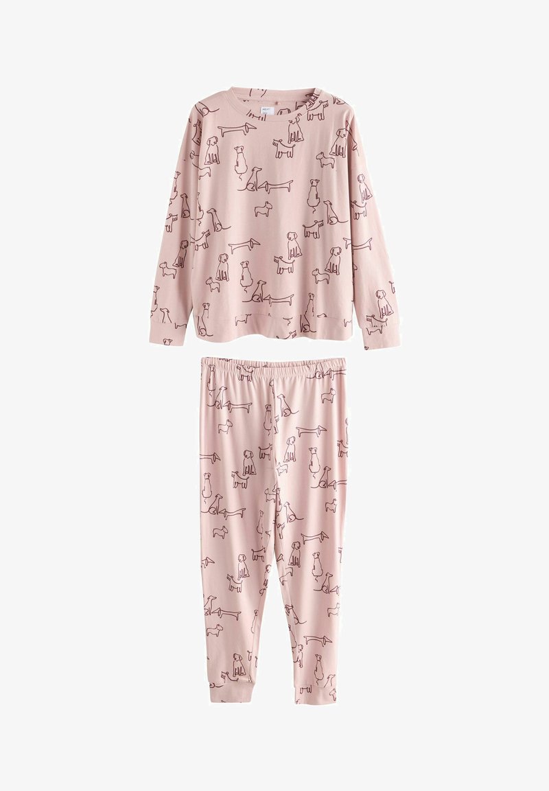 Set de pijamale cu mâneci lungi, de culoare roz, realizat dintr-un material moale, având desene cu linii negre ce reprezintă diferite forme de câini atât pe partea de sus, cât și pe pantaloni.