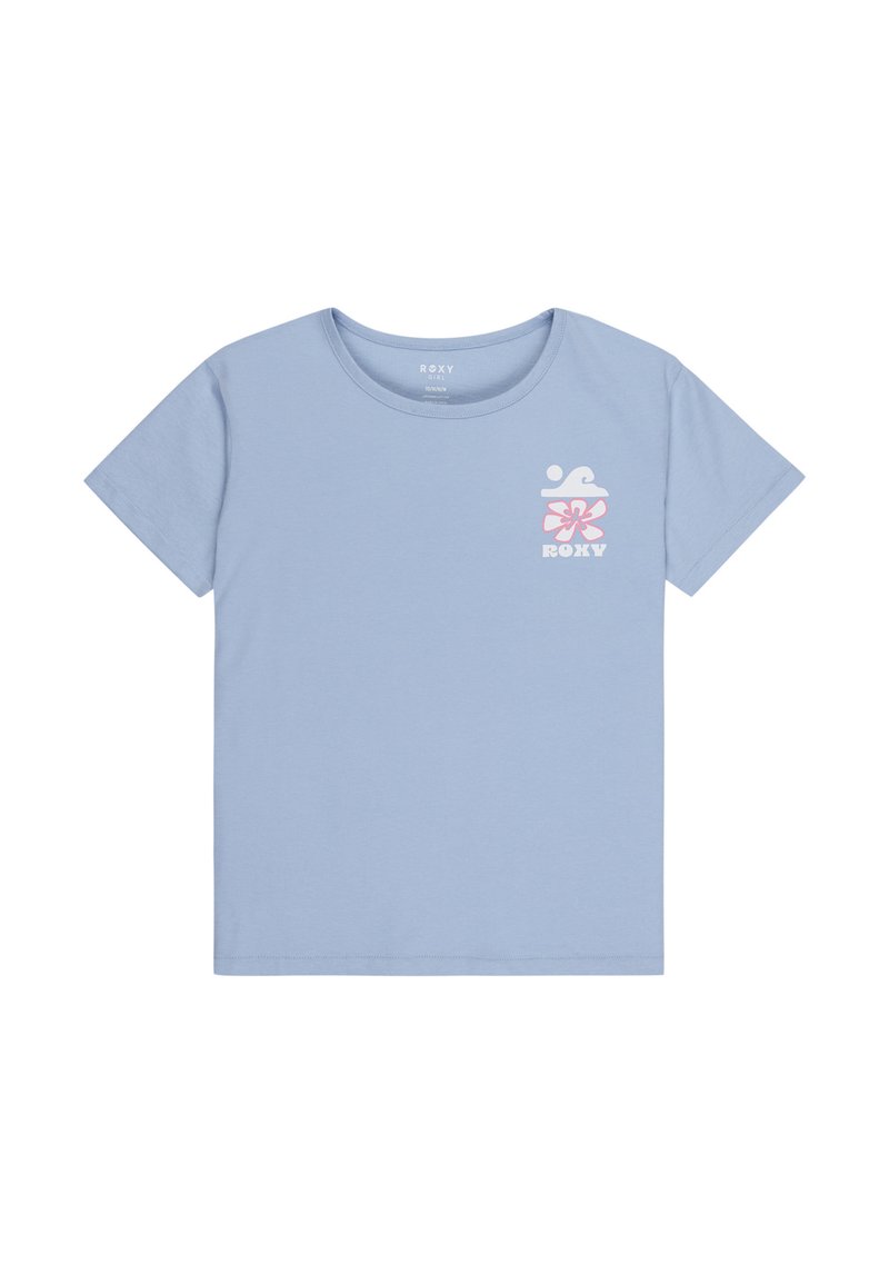 Lyseblå t-shirt med korte ærmer, rund halsudskæring og frontgrafik, der viser en bølge og en blomst i pink og hvid.