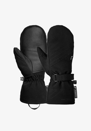 Schwarze Handschuhe mit einer Lederhandfläche, Softshell-Außenseite, elastischem Handgelenk und verstellbarem Riemen. Sie verfügen über eine strukturierte Oberfläche und genähte Akzente.