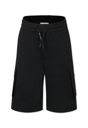 Pantaloni cargo neri realizzati in materiale morbido, con vita elastica e cordoncino, tasche laterali e un fit rilassato.