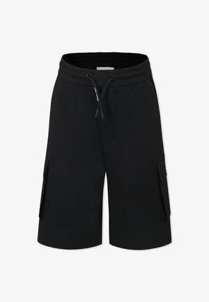 Pantaloni cargo neri realizzati in materiale morbido, con vita elastica e cordoncino, tasche laterali e un fit rilassato.