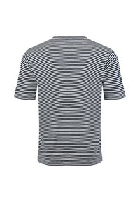 Camiseta de manga corta con finas rayas horizontales azul marino y blancas, vista desde la espalda sobre un fondo blanco.