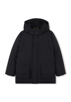 Black insulated parka jacket featuring a hood, front snap closure, two large front pockets, and smooth fabric texture.
