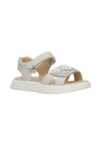 Sandale blanche pour tout-petit avec des brides à velcro, des décorations florales pastel, un petit charme en forme de fleur, et une semelle blanche texturée.