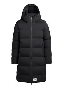 Black puffer coat with a long cut, full hood, front zipper, and side pockets; features baffles for insulation and a smooth texture.