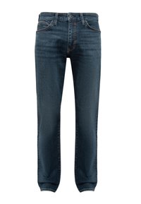 Dark blue denim jeans with a slim fit, five-pocket design, and contrasting orange stitching on seams and pockets.