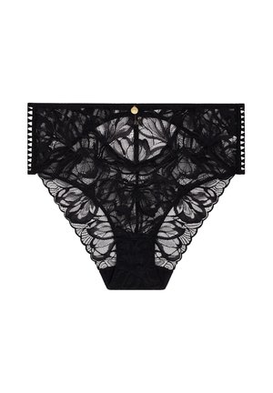 Culotte en dentelle noire avec motifs floraux, bords festonnés et un détail en accent doré, avec une finition semi-transparente.
