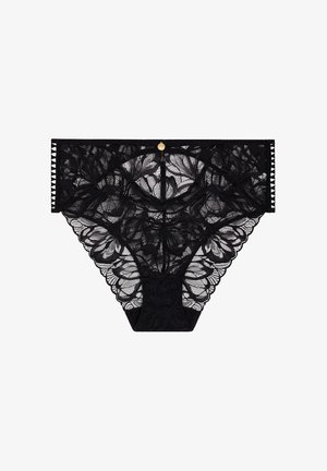 Culotte en dentelle noire avec motifs floraux, bords festonnés et un détail en accent doré, avec une finition semi-transparente.