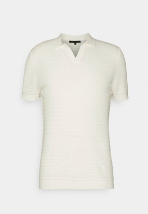 Lyhyet hihat omaava polo-paita teksturoidusta kermaisestä kankaasta, jossa on V-kaula-aukko ja ribbiohut hihansuut. Yksinkertainen, minimalistiinen muotoilu, jossa on hienovaraisia vaakaviivoja.