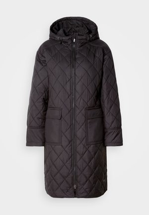 Black quilted puffer coat with a hood, featuring a front zipper, two large pockets, and a knee-length design. Smooth material with a matte finish.