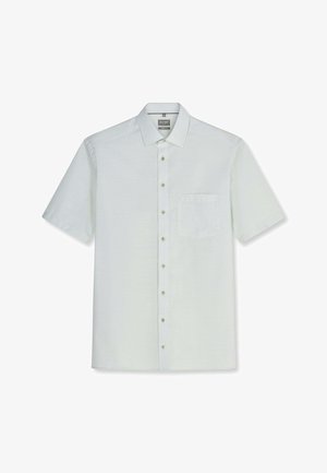 Hellgrünes kurzärmeliges Hemd mit Knöpfen, spitzem Kragen und Brusttasche, flach auf weißem Hintergrund dargestellt.