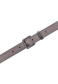 Grijze leren riem met textuur, voorzien van een rechthoekige metalen gesp en drie metalen ringen als accent. Meerdere gaatjes voor maatverstelling.