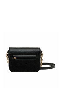 Schwarze Leder-Crossbody-Tasche mit strukturiertem Finish, ausgestattet mit einer Vorderseite mit Reißverschluss und goldfarbenen Ketten- und Schulterriemenakzenten.