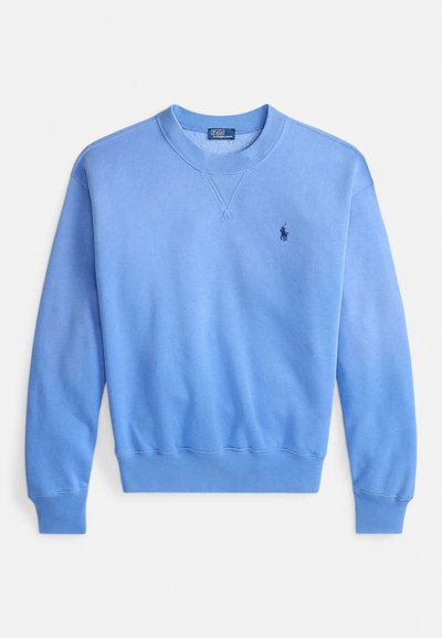Sweatshirt azul claro feita de mistura de algodão, com gola redonda, punhos e barra canelados e um pequeno logótipo no peito. Textura suave.
