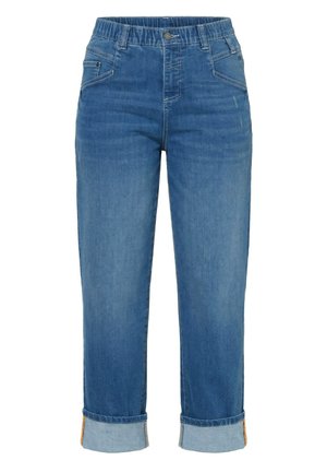 Blaue Jeans aus Denim mit elastischem Bund, hochgekrempelten Bündchen, Vordertaschen und Knopfverschluss.