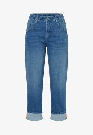 Blaue Jeans aus Denim mit elastischem Bund, hochgekrempelten Bündchen, Vordertaschen und Knopfverschluss.