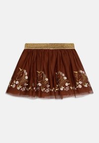 Bruine tule rok met een gouden elastische tailleband, versierd met geborduurde eenhoorns en bloemen in goud, paars en wit langs de zoom.