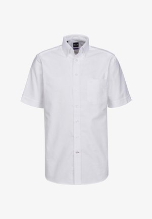 Kurzärmeliges weißes Hemd mit Knopfleiste, aus Baumwollstoff, klassischer Kragen, einzelne Brusttasche, Kunststoffknöpfe, glatte Textur, minimalistisches Design.