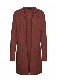 Kardigan dziergany w kolorze rdzawej brązu, z długim rękawem, otwarty z przodu, z kapturem i dwoma naszywanymi kieszeniami z przodu, ozdobiony teksturowanym wzorem ściegu.