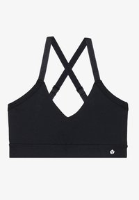 Sujetador deportivo negro con diseño de escote en V y tirantes cruzados en la parte posterior. Fabricado en una tela suave, cuenta con un pequeño logotipo en la parte inferior.