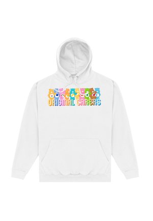 Biała bluza z kapturem z kieszenią kangurką, ozdobiona kolorowymi grafikami kreskówkowego niedźwiedzia oraz napisem "ORIGINAL CARES" w jasnych, wielokolorowych literach.