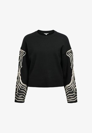 Czarna bluza o kroju crop top, z teksturowanymi kremowymi falowanymi wzorami na rękawach i okrągłym dekoltem. Miękka dzianinowa tkanina.