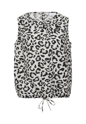 Ärmelloses Oberteil aus leichtem Stoff mit einem schwarz-weißen Leopardenmuster, einem gerafften Halsauschnitt und einem verstellbaren Kordelzugsaum.