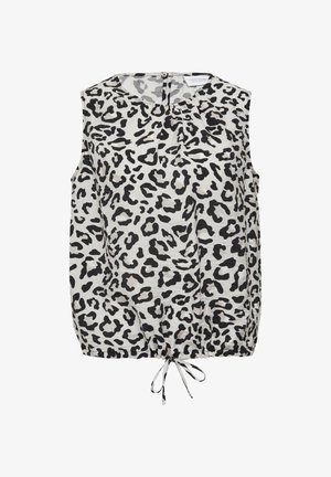 Ärmelloses Oberteil aus leichtem Stoff mit einem schwarz-weißen Leopardenmuster, einem gerafften Halsauschnitt und einem verstellbaren Kordelzugsaum.