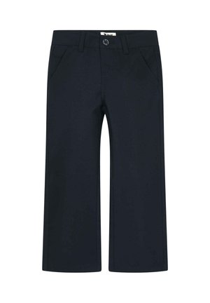 Navy blue straight-leg pants with front pockets, belt loops, button closure, and a visible waistband label.