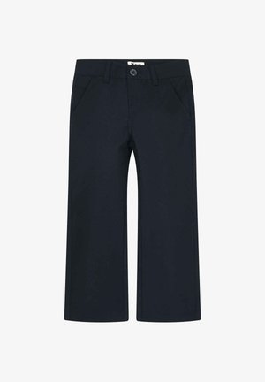 Pantalones azul marino de pierna recta con bolsillos delanteros, trabillas para cinturón, cierre de botón y etiqueta visible en la cintura.