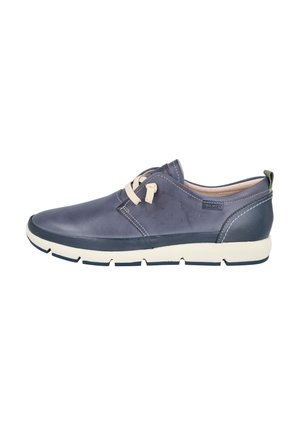 Zapato de cuero azul marino con cordones crema. Cuenta con una superficie texturizada, punta redondeada y una suela blanca contrastante con surcos.
