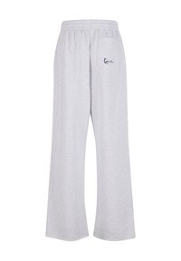Light gray sweatpants with a relaxed fit, elastic waistband, and a single back pocket. Features a simple logo in dark blue.