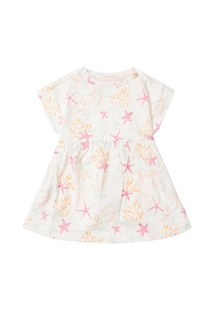 Weißes Baby-Kurzarmkleid mit pinkfarbenen Seesternen- und orangefarbenen Tangmuster, geraffter Taille und Druckknopf an der Schulter.